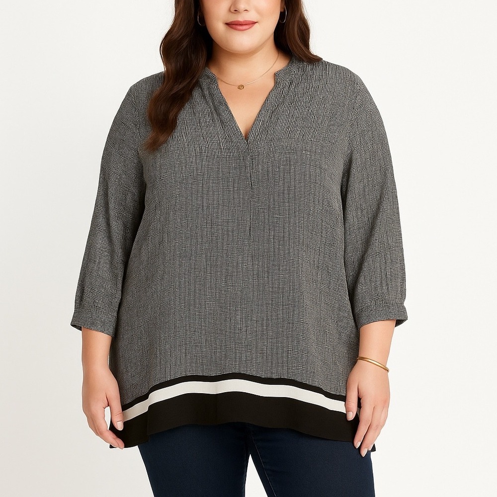 Cynthia Rowley Woman 2X Black White Print 3/4 Sleeve V Neck‎ Blouse Top Tunic